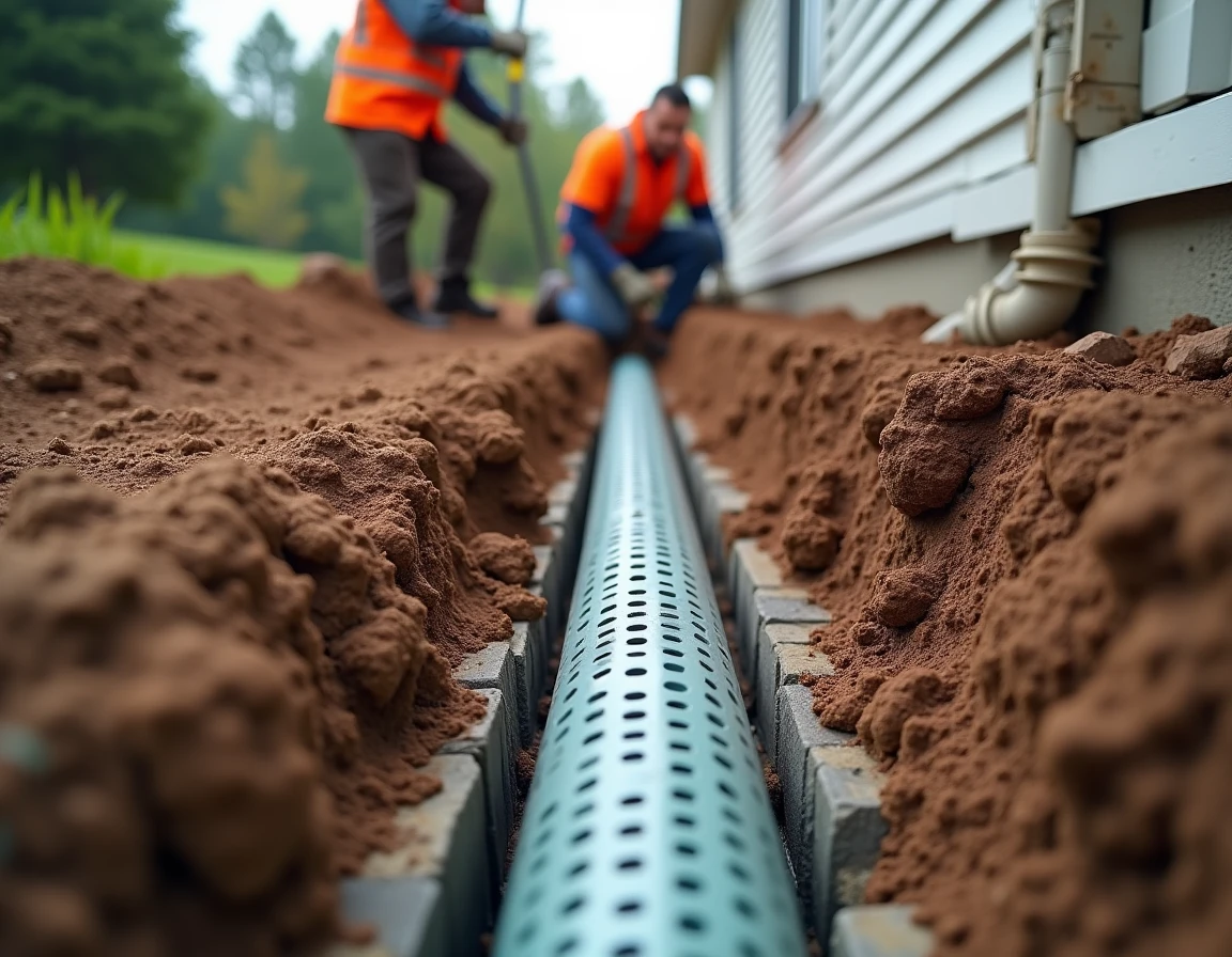 French drain installation along foundation